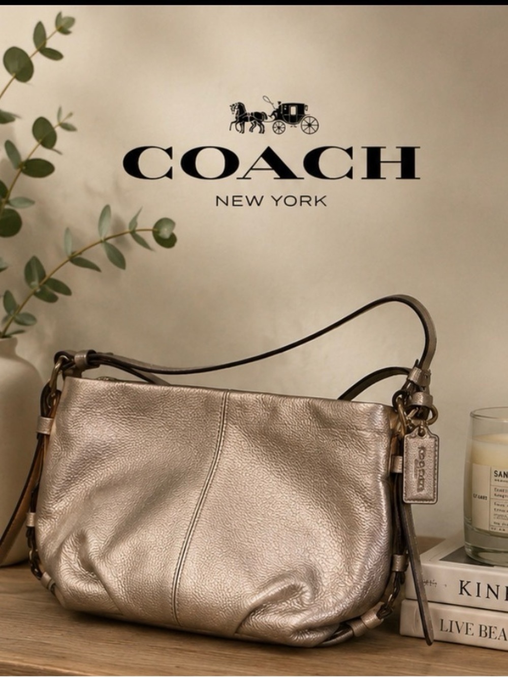 COACH Metallic Champagne Leather Shoulder Bag
